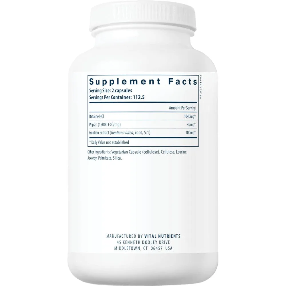 Betaine HCL w/Pepsin & Gentian 225 caps by Vital Nutrients