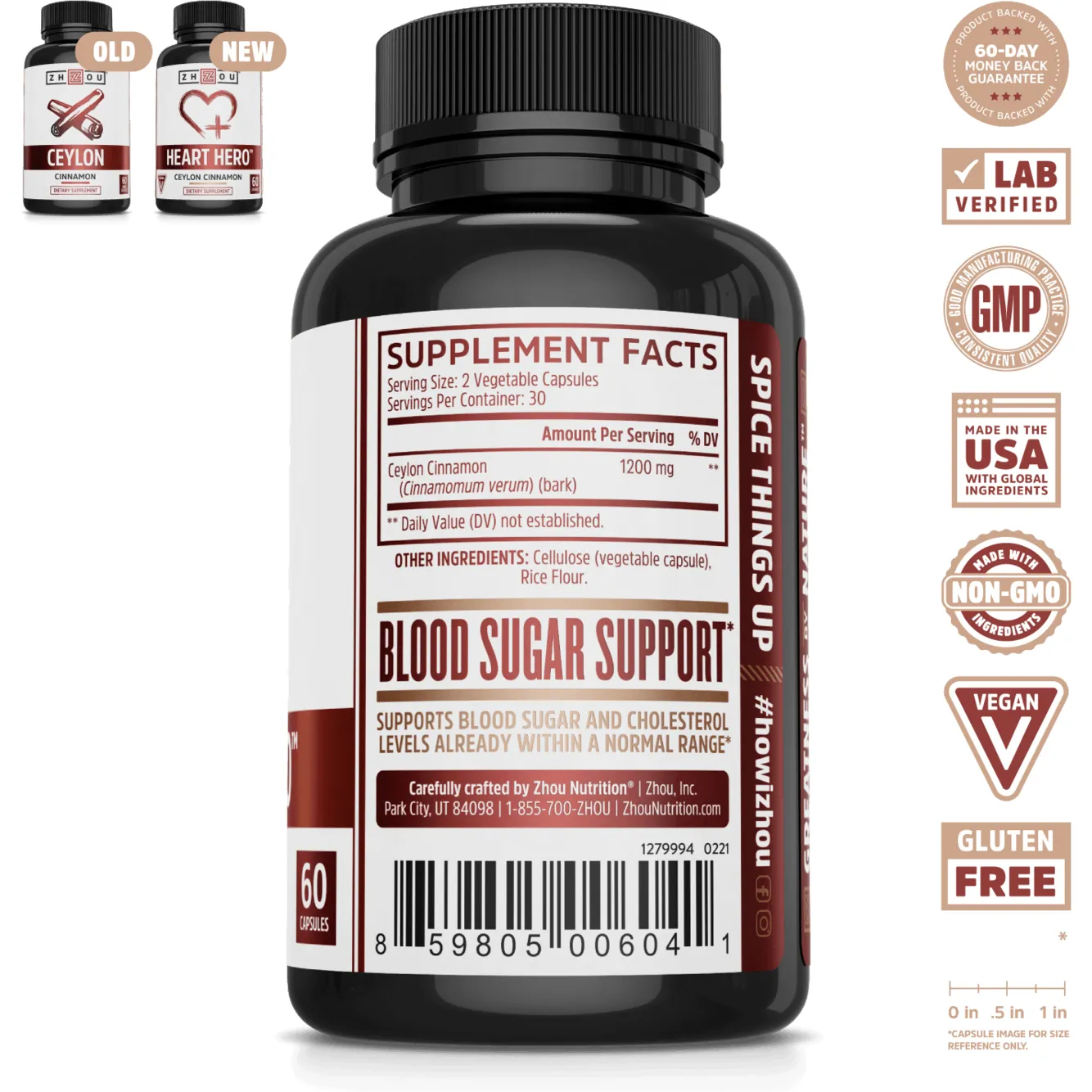 Ceylon Cinnamon 1200mg 60 vegcaps By ZHOU Nutrition