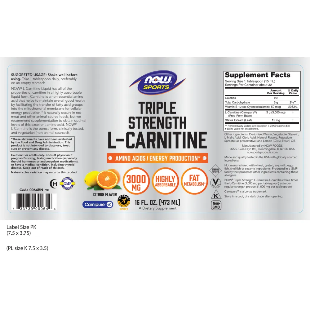Liquid L-Carnitine 3000 mg 16 fl oz by NOW