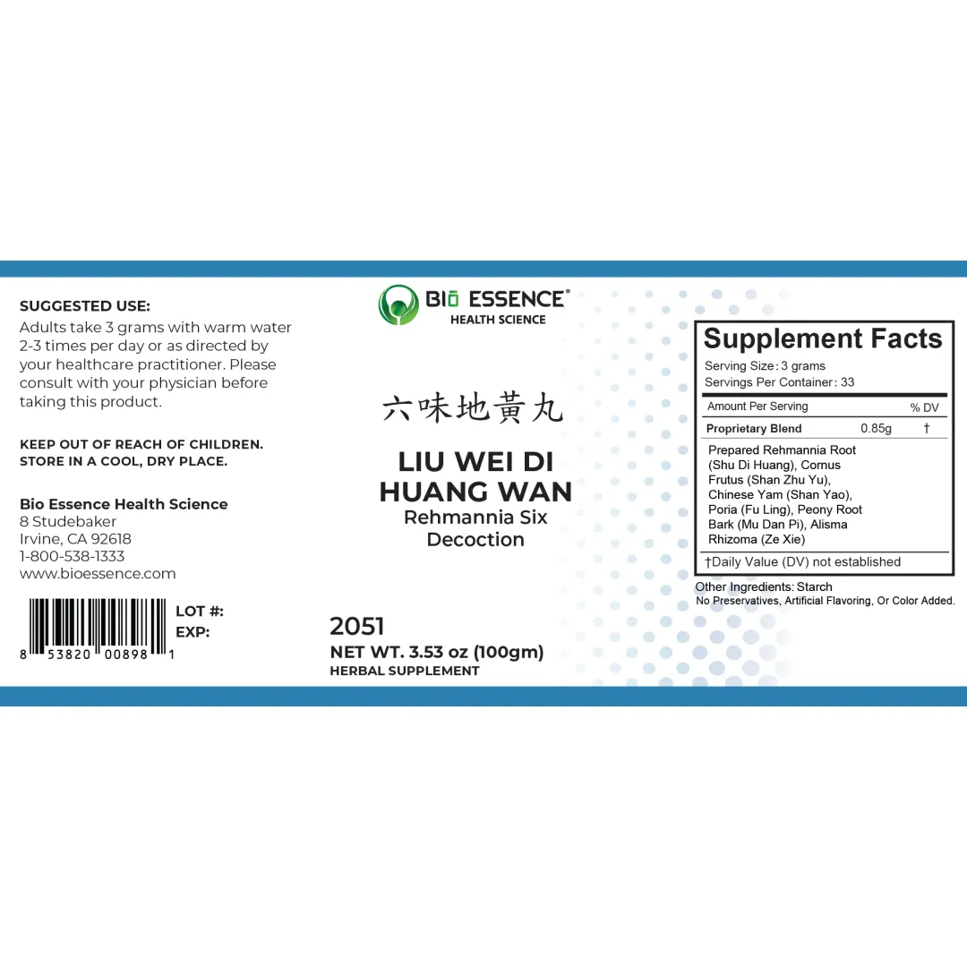 Liu Wei Di Huang Wan 3.53 oz by Bio Essence Health Science