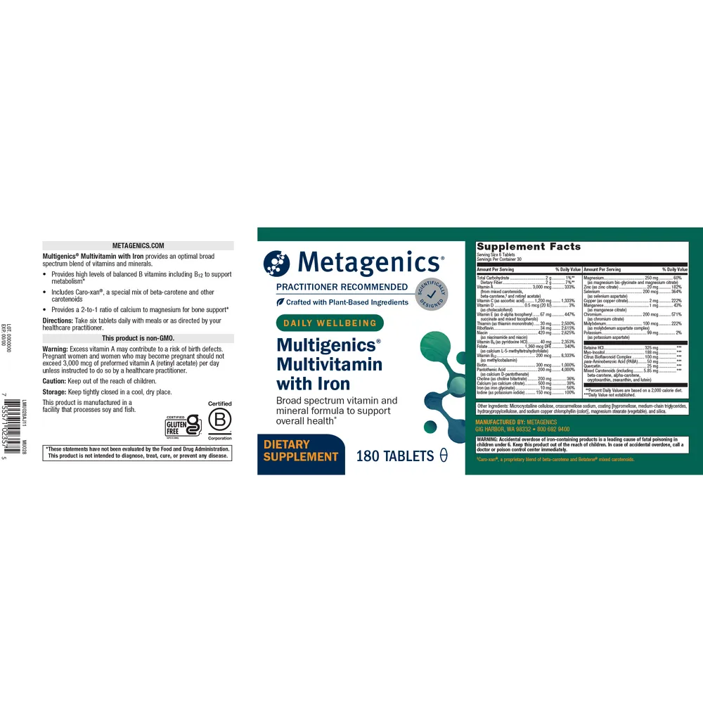 Multigenics Multivitamin with Iron 180 Tablets by Metagenics